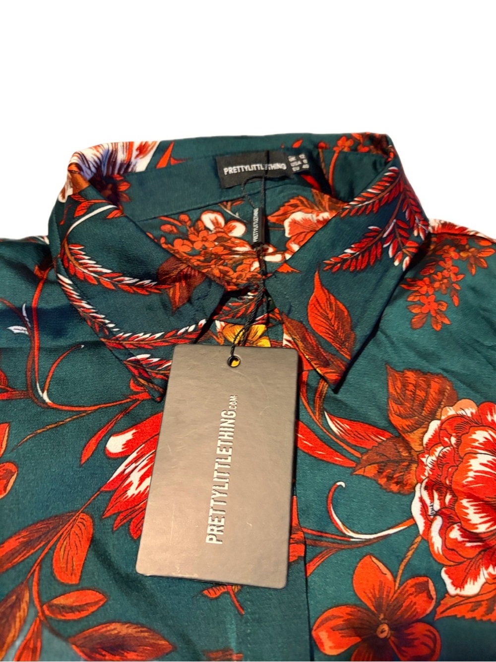 PrettyLittleThing Emerald Green Floral Oversized Shirt Blouse Size 8 - Picture 4 of 7